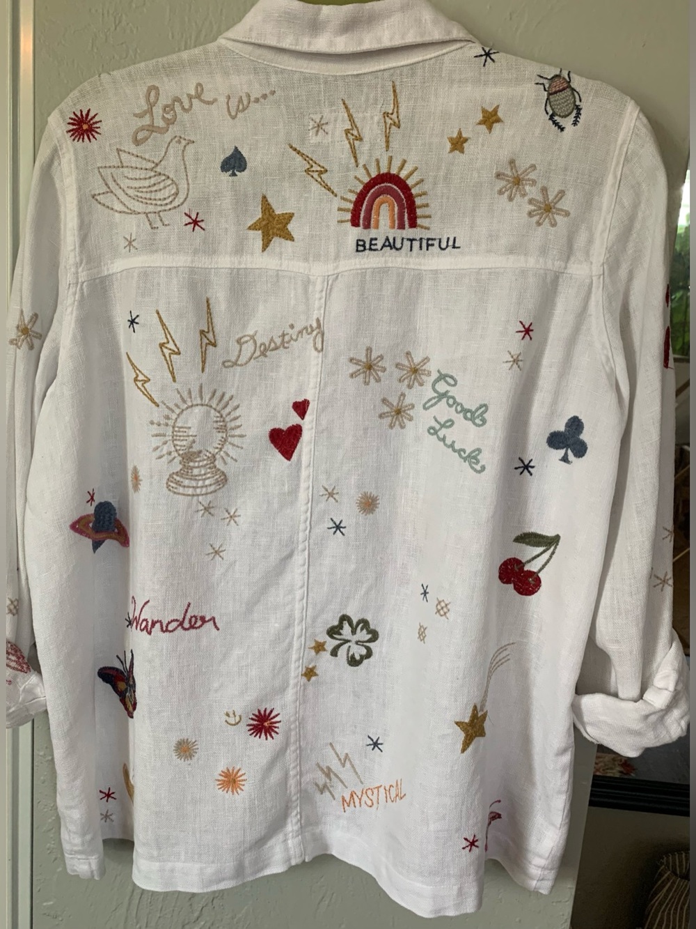 Johnny Was White Embroidered Linen Jean Jacket with Multicolor Motifs - Picture 3 of 10